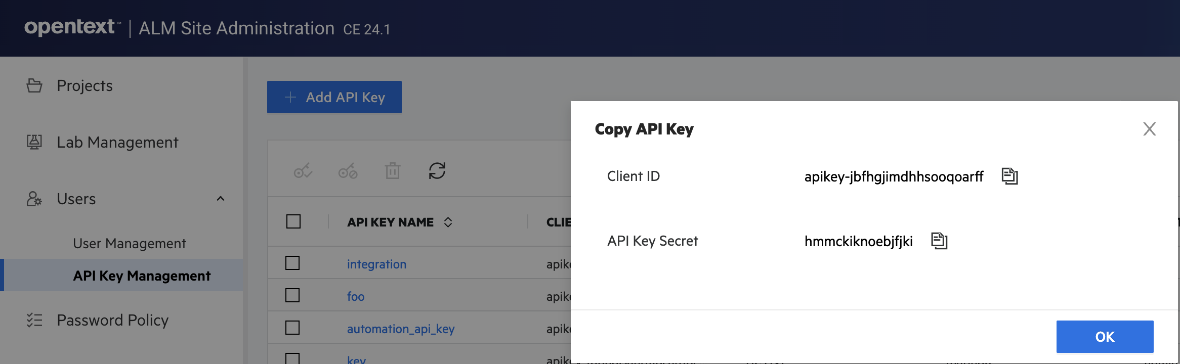 ALM API key generation step 1