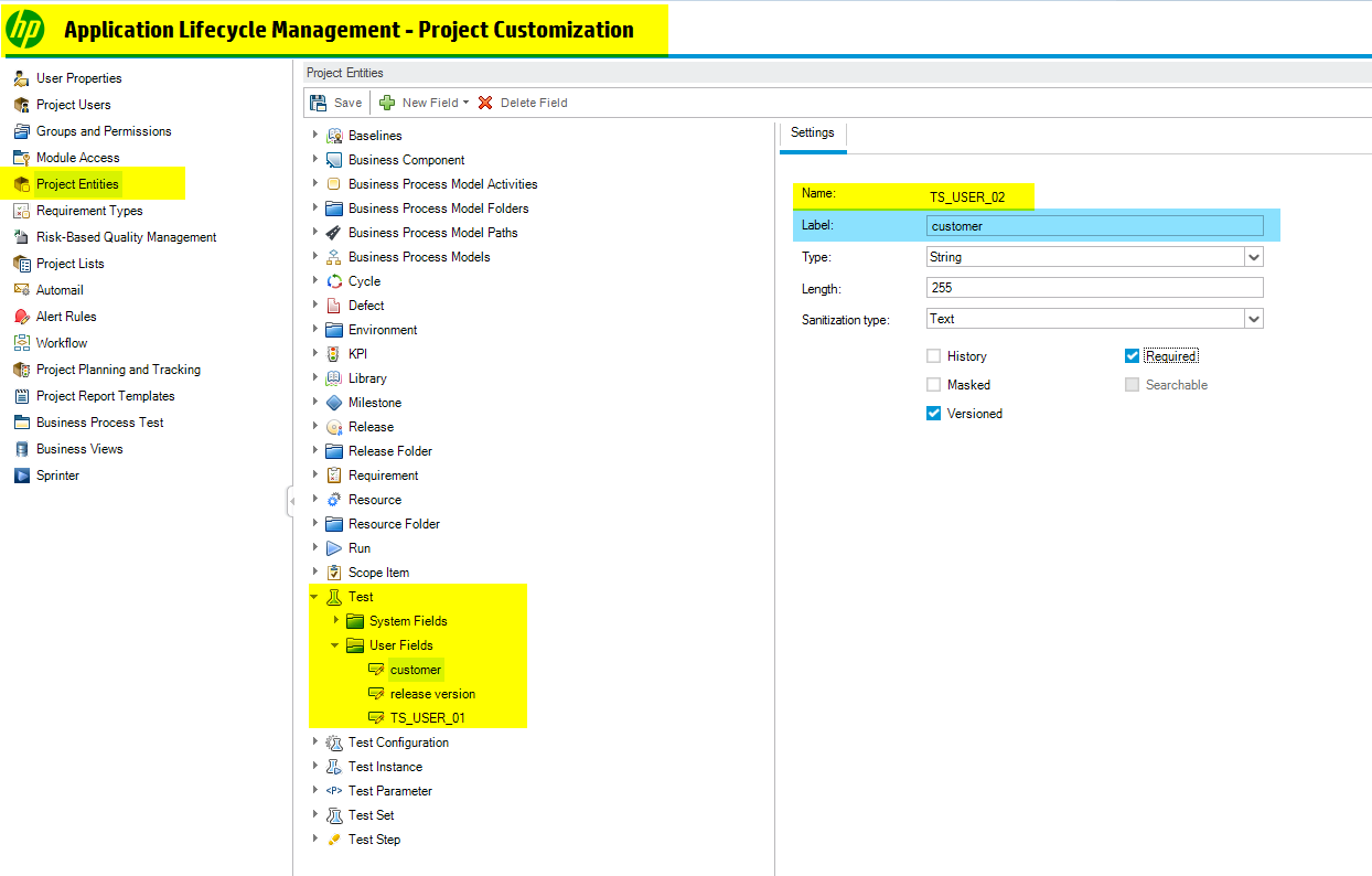 ALM user field configuration